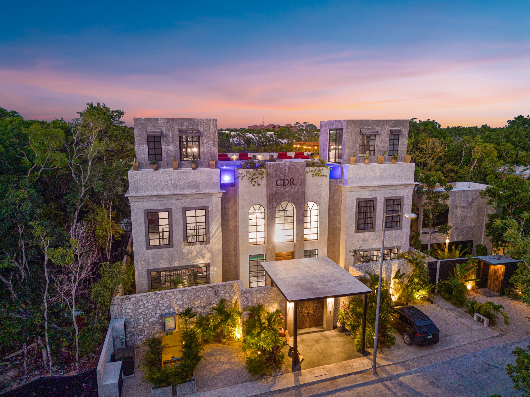 Casa Don Rey Aerial Facade at Sunset
