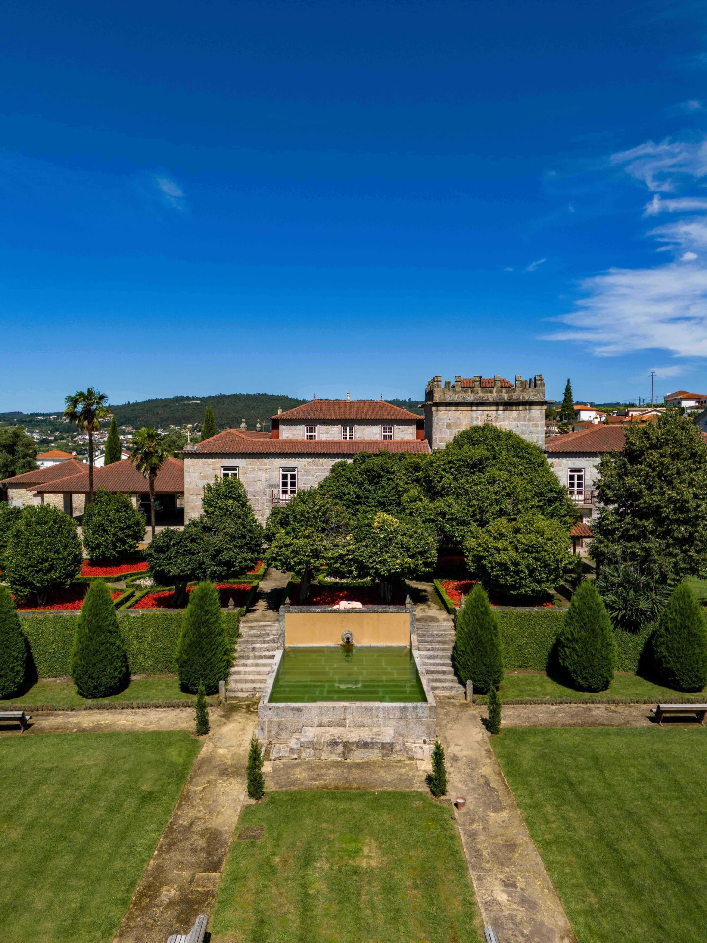 Aerial View of the Manor Gardens with Fountain Parterre and Stone Tower
