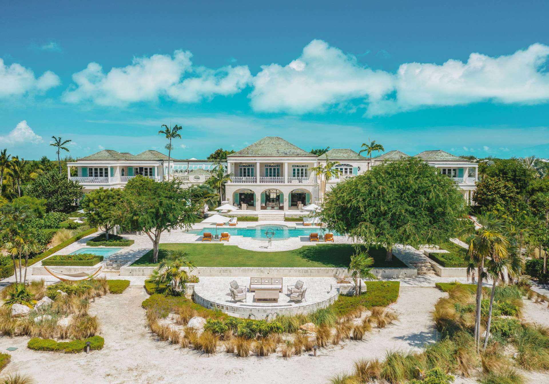 Aerial View of the Beachfront Estate and Gardens