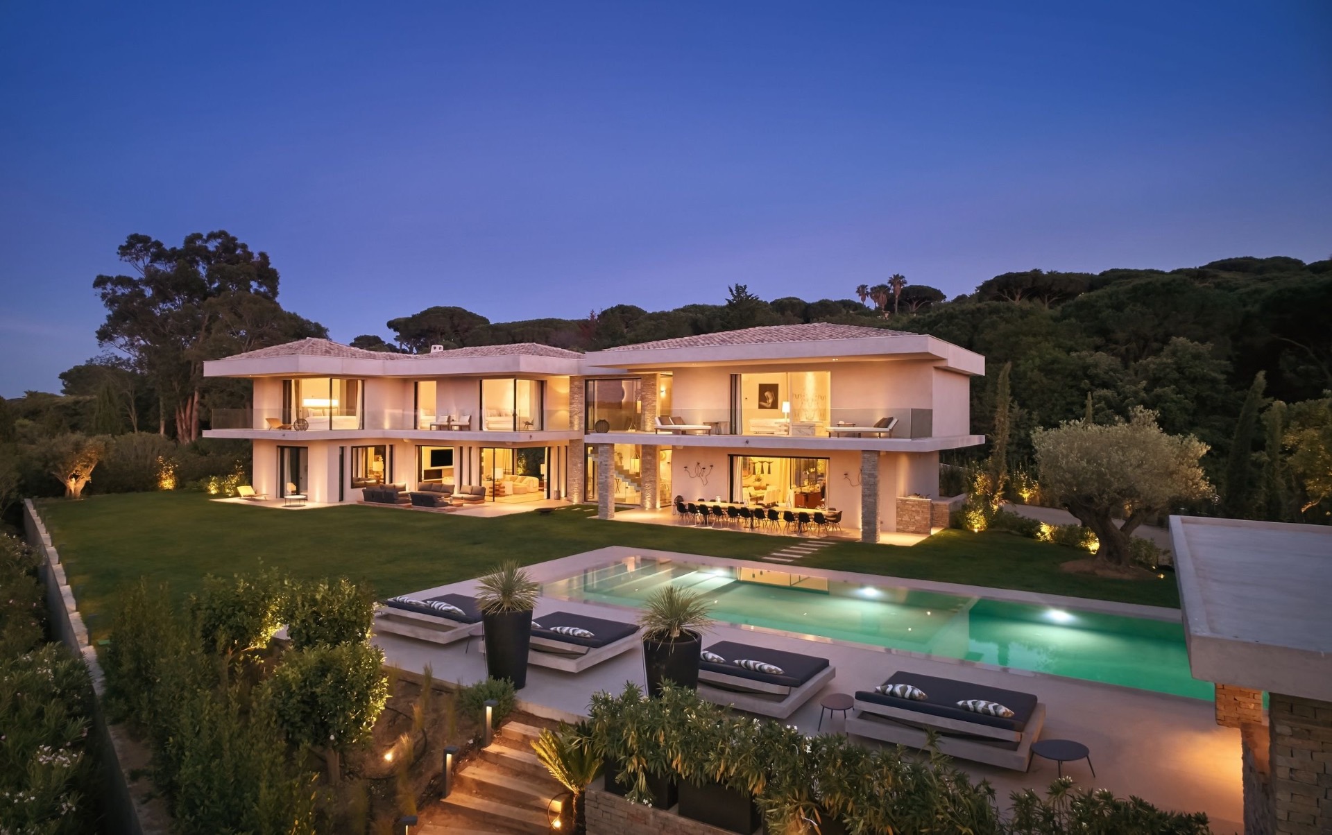 Villa Canoubiers Evening Exterior with Pool & Terraces