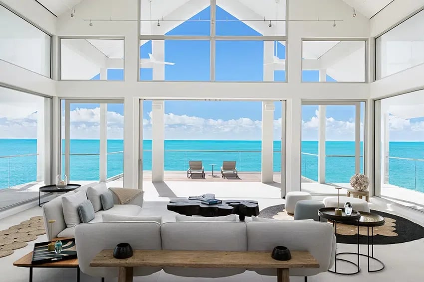 Grand Living Room with Vaulted Ceilings and Ocean View
