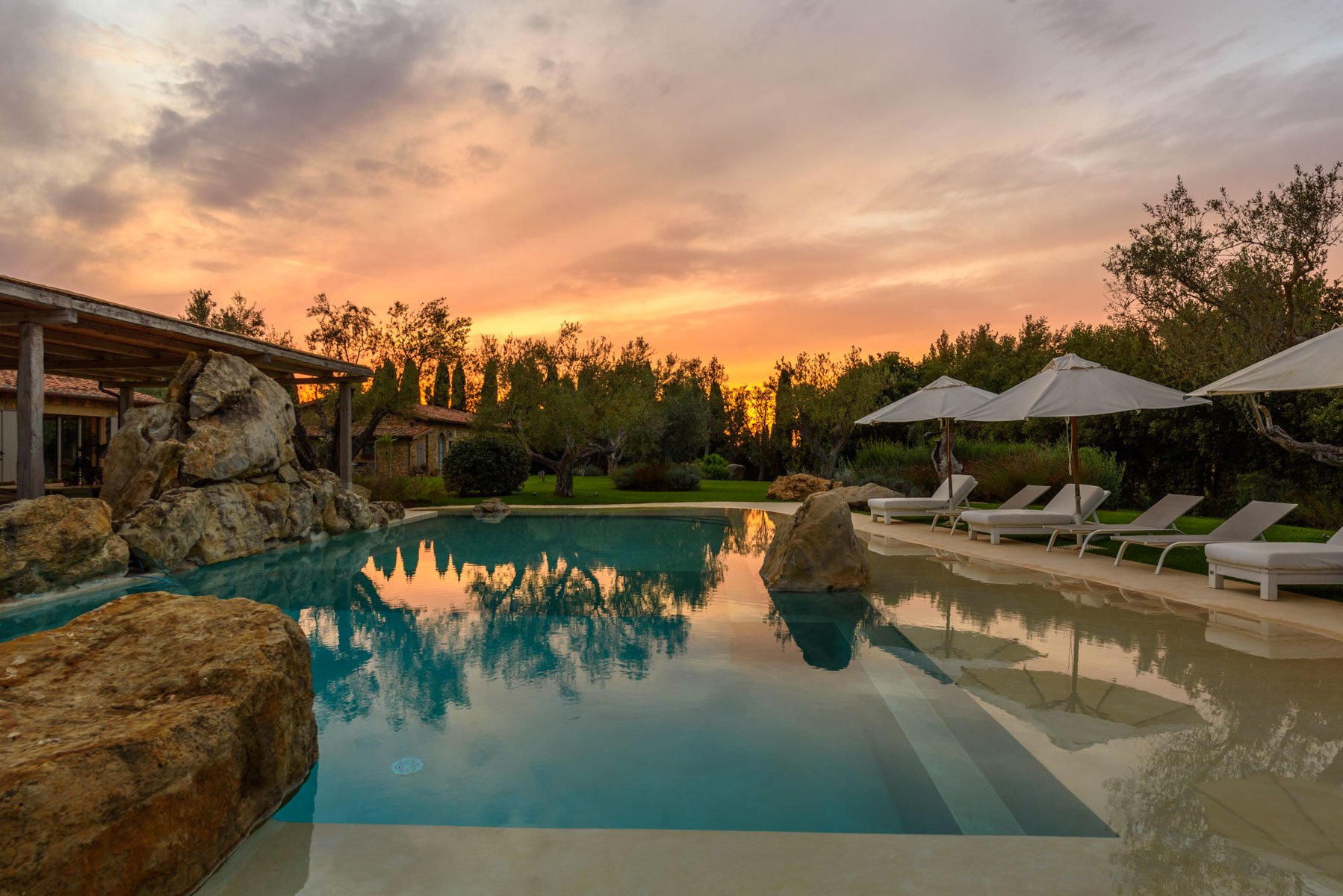 Villa Tuscany Pool at Sunset with Olive Trees